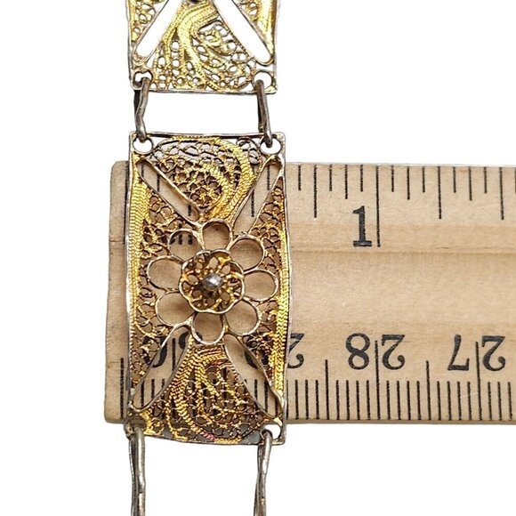 Floral Filigree Panel Link Bangle Bracelet Spring Ring Closure Gold Tone Vintage - Picture 5 of 5